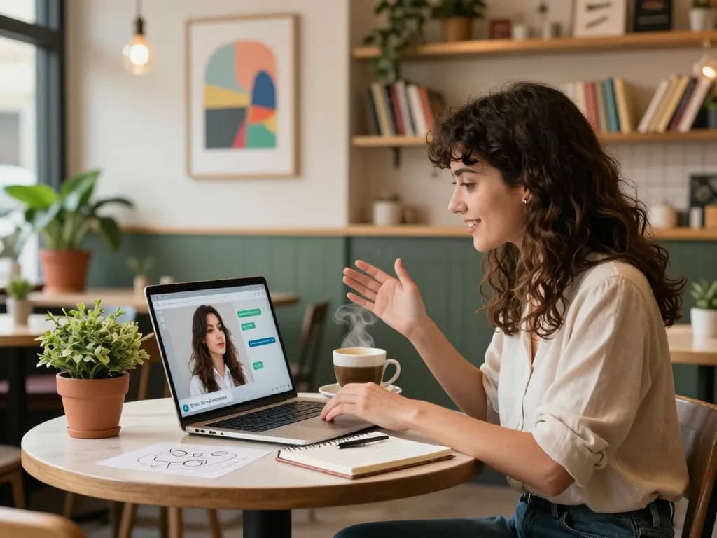 Engaging chat with an AI girlfriend in a cozy virtual café atmosphere, showcasing technology and personal connection.