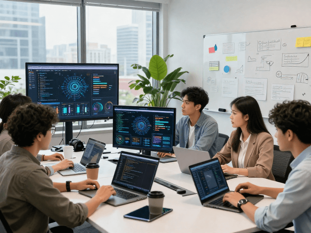 Innovative collaboration in AI tech office, emphasizing juicy ai and team synergy.
