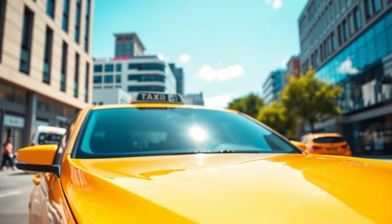 Woking taxi service showcasing a professional vehicle amid urban scenery.