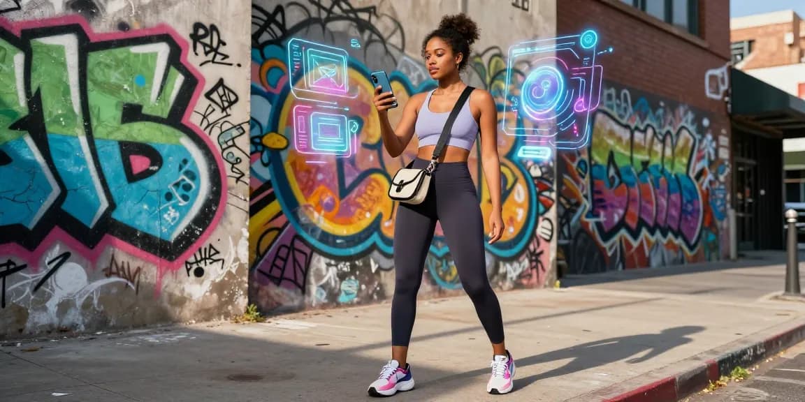 Confident woman engaging with AI assistant in trendy urban fashion while surrounded by vibrant graffiti art - ai slut