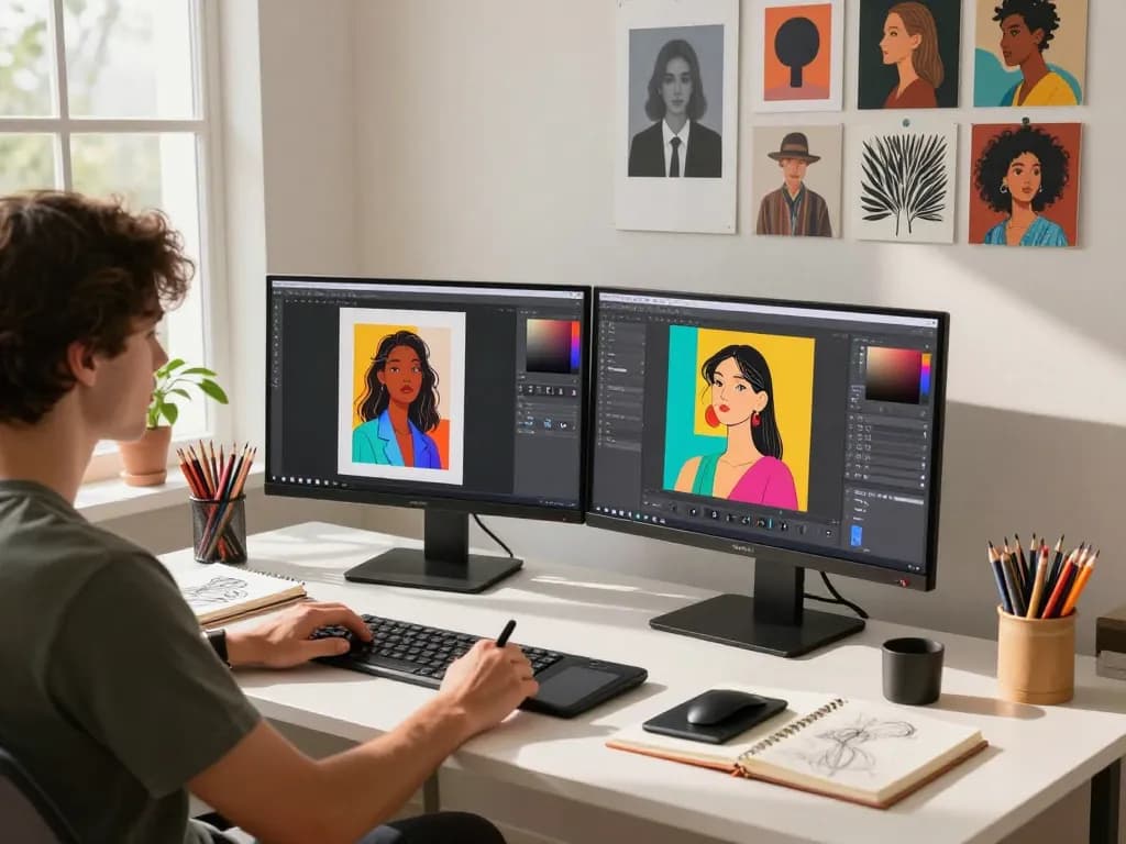 Artist using Nano Banana Flash AI image editor in a bright creative workspace