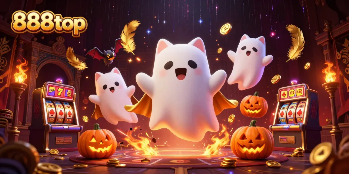 Engage with 888top's exciting casino experience featuring a friendly ghost cat, bat, and glowing jack-o-lanterns.