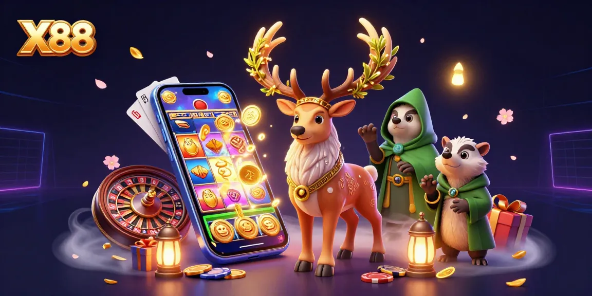 X88 slots action featuring a mythical stag and badger amidst vibrant casino elements.