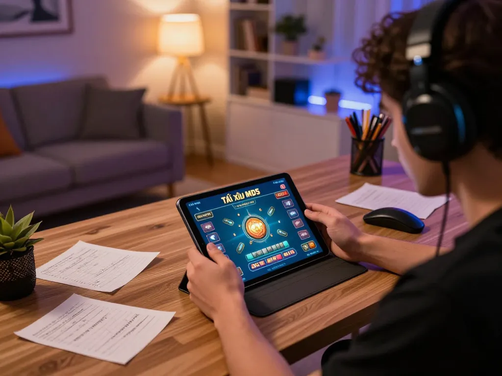 Player engaging in Tài xỉu MD5 game on tablet, showcasing strategic online betting environment