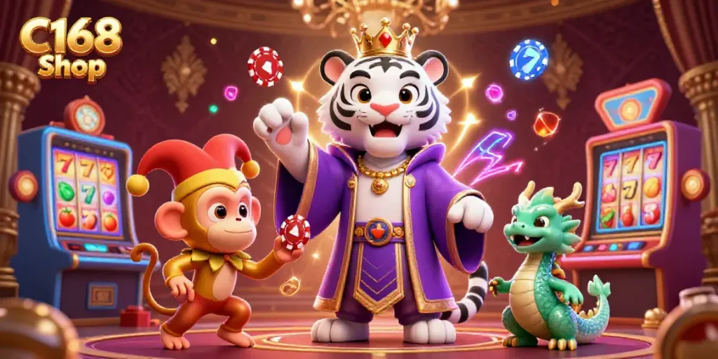 Experience the thrill of winning at C168 Shop's casino, showcasing dynamic characters and vibrant gaming elements.