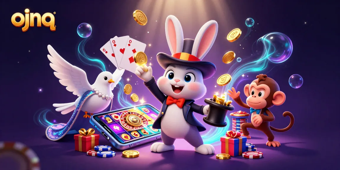 Engage with the exciting ojnq casino scene featuring a magical rabbit, glamorous dove, and playful monkey.