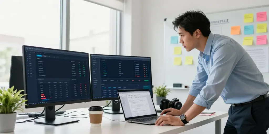 SEO strategist analyzing instant indexing metrics in a modern office.