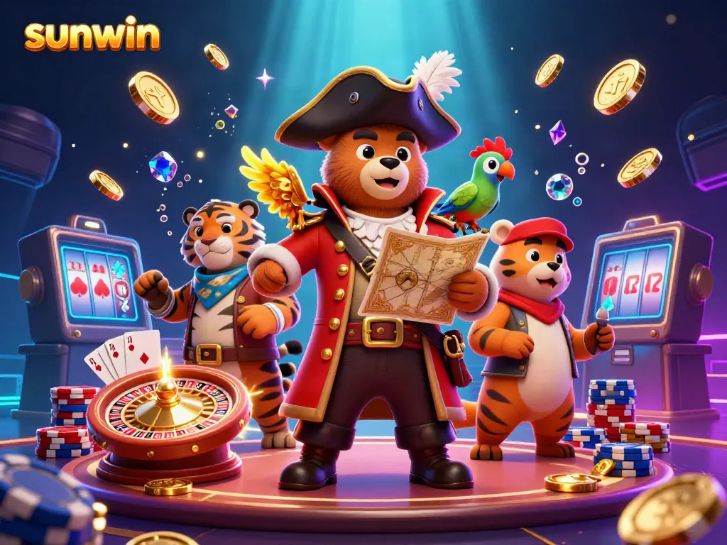 Experience sunwin's thrilling casino adventures with a pirate captain bear and vibrant treasures.