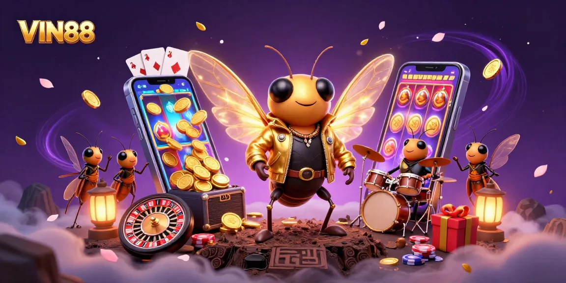 Enjoy immersive gaming with VIN88's vibrant casino atmosphere, featuring slot games and lively characters.
