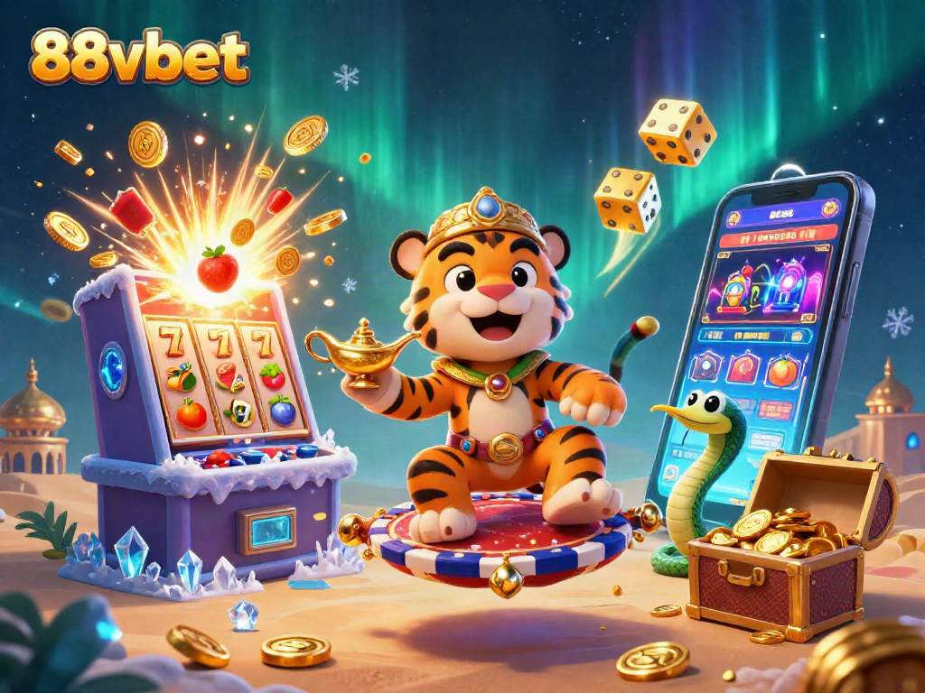88vbet showcases a vibrant cartoon scene with a sultan on a flying carpet amidst slot machine action.