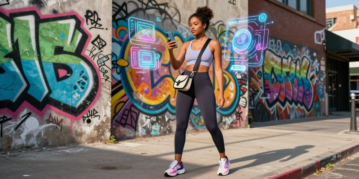 Confident woman engaging with AI assistant in trendy urban fashion while surrounded by vibrant graffiti art - ai slut