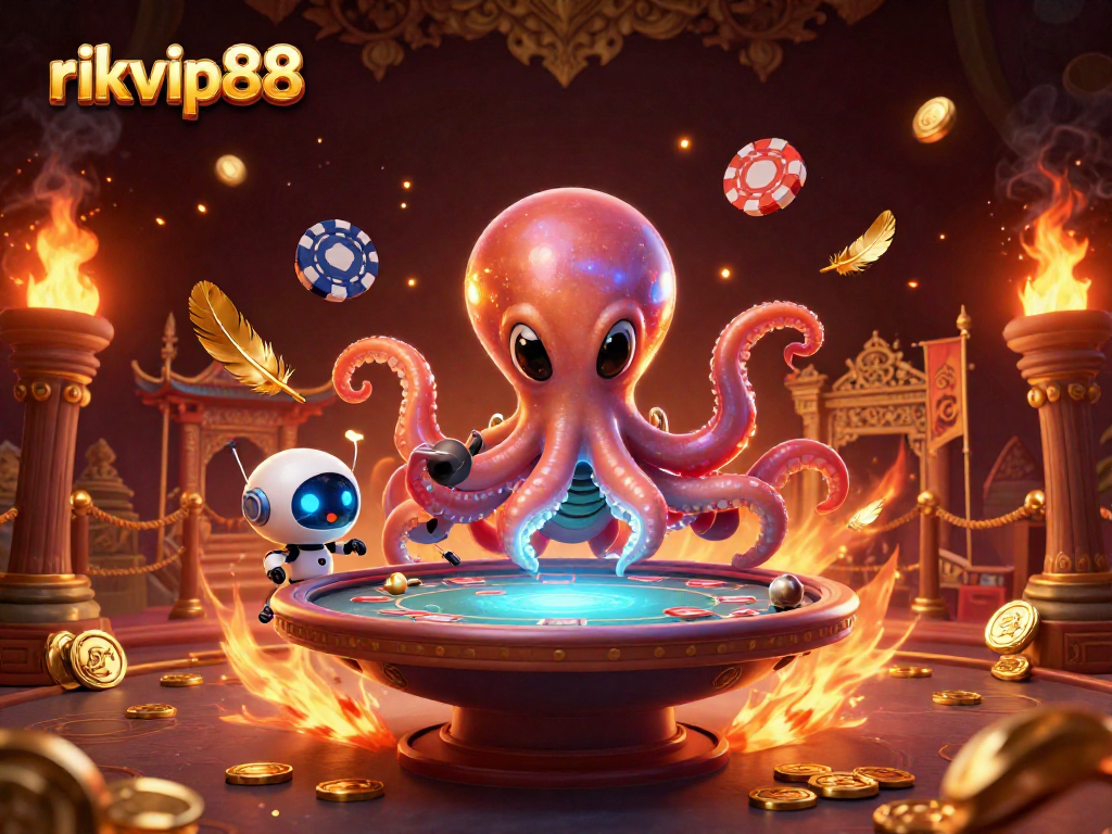 Play thrilling poker with rikvip88 as a cheerful alien octopus maneuvers a holographic table amidst dazzling cosmic elements.