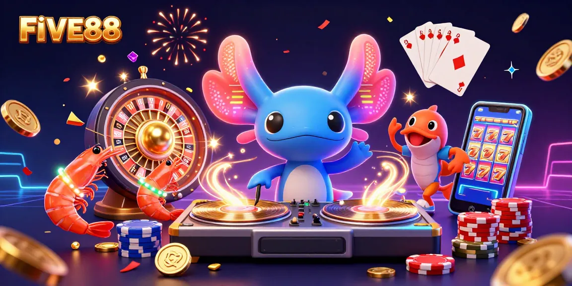 Experience the vibrant excitement of FIVE88 online casino in this colorful 3D digital scene with lively characters and gambling elements.