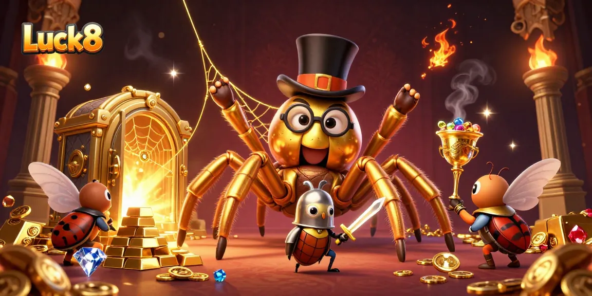 Engage in thrilling gameplay at Luck8 with a giant golden tarantula, beetle knight, and treasure.