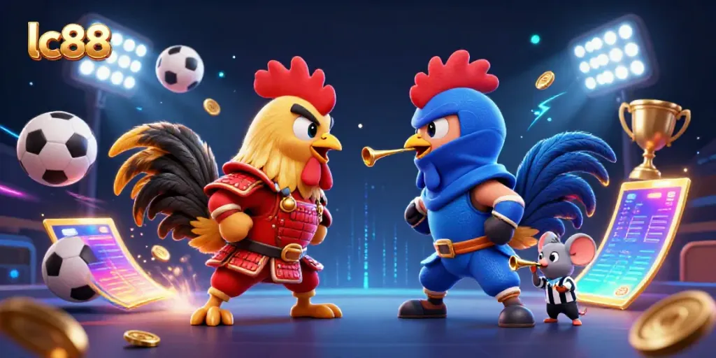 Bet big with lc88 as fighting roosters clash amidst dynamic betting elements in a vibrant arena.