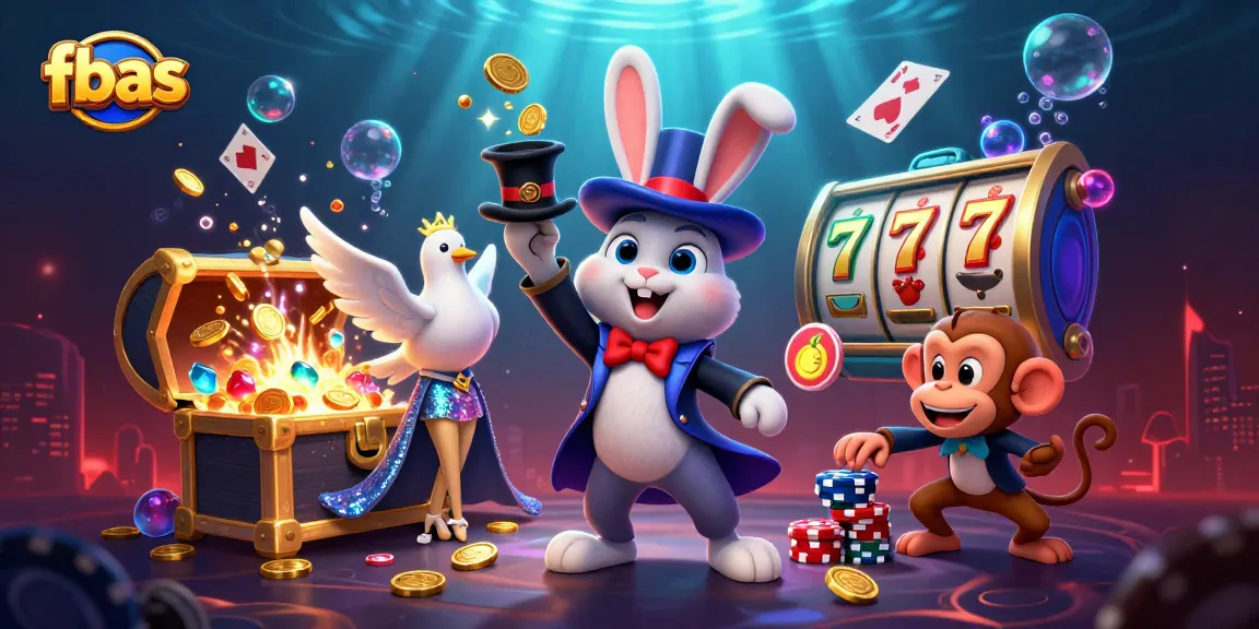 Experience the thrill at fbas with a vibrant 3D casino scene featuring a magician rabbit and playful monkey.