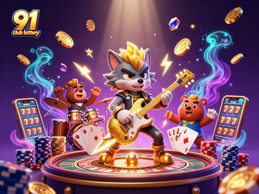 Engage with the 91 club lottery in an electrifying scene of cartoon characters on a vibrant casino stage.