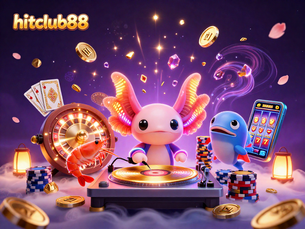 Vibrant hitclub88 illustration featuring a neon axolotl DJ, shrimp dancers, and swirling casino elements.