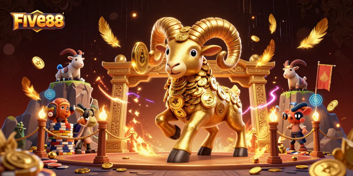 Experience the thrilling world of FIVE88, with a golden ram charging at a casino gate amid dynamic gameplay elements.