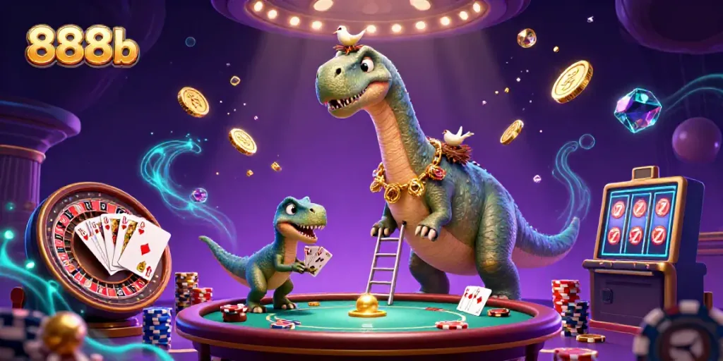 Experience thrilling casino action with 888b illustrated as a brontosaurus overlooks card games, creating a whimsical atmosphere.