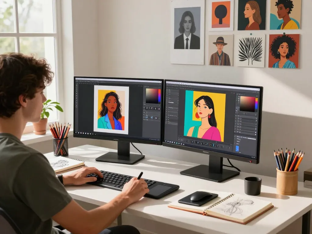 Artist using Nano Banana Flash AI image editor in a bright creative workspace