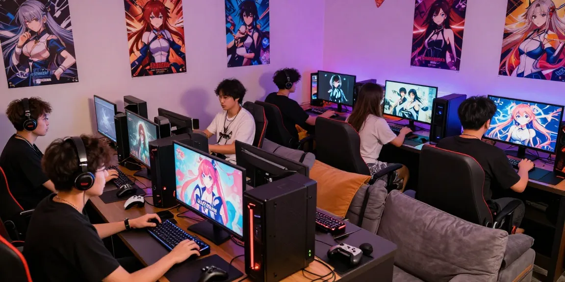 Players exploring free hentai games in a vibrant gaming lounge with anime decor.