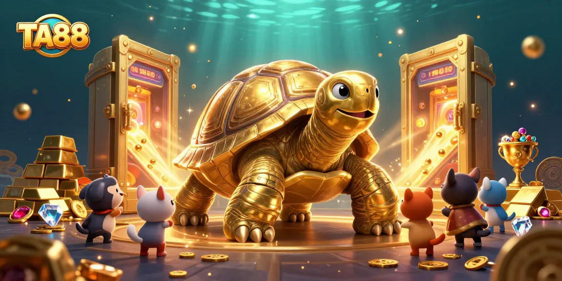Engage with TA88 as small animals play pinball inside a colossal golden tortoise in a vibrant casino scene.