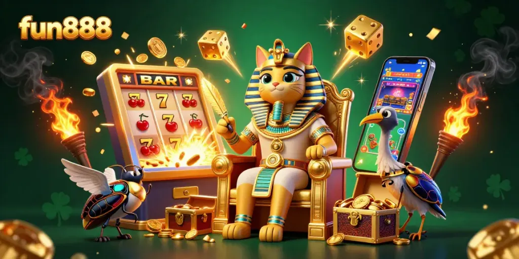 Engage with fun888's vibrant casino scene featuring an Egyptian pharaoh cat and massive jackpot elements.