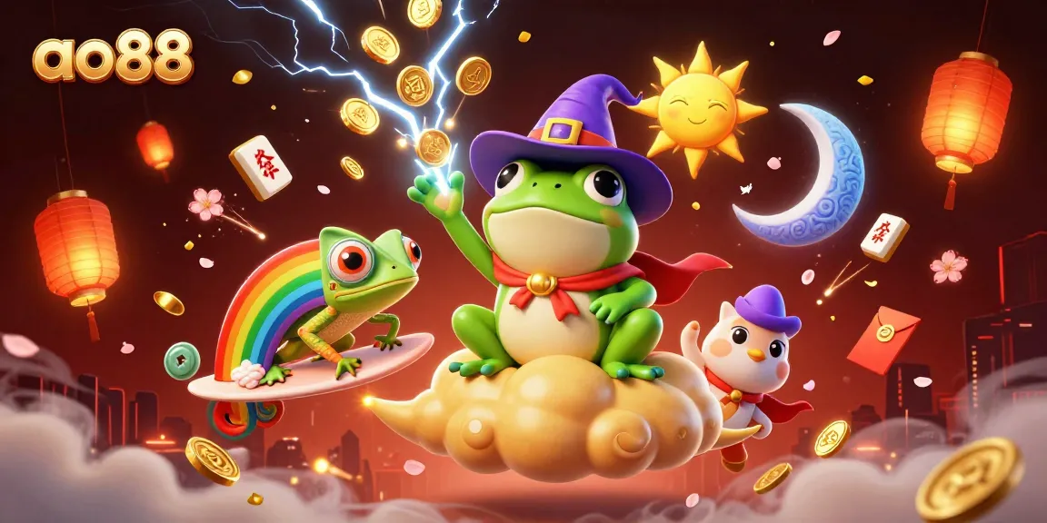 Experience the thrill of ao88 casino with a wizard frog and vibrant chameleon in a magical scene.
