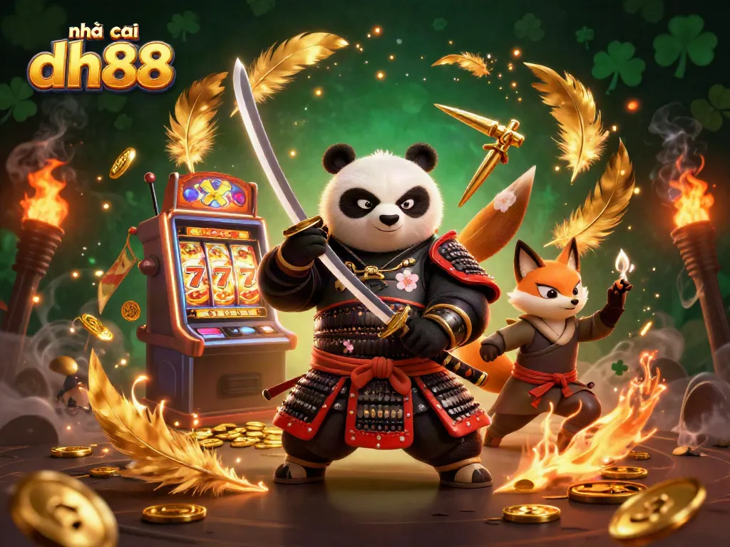Engaging scene of nhà cái dh88 featuring a samurai panda and ninja fox surrounded by slot machine symbols and golden coins.