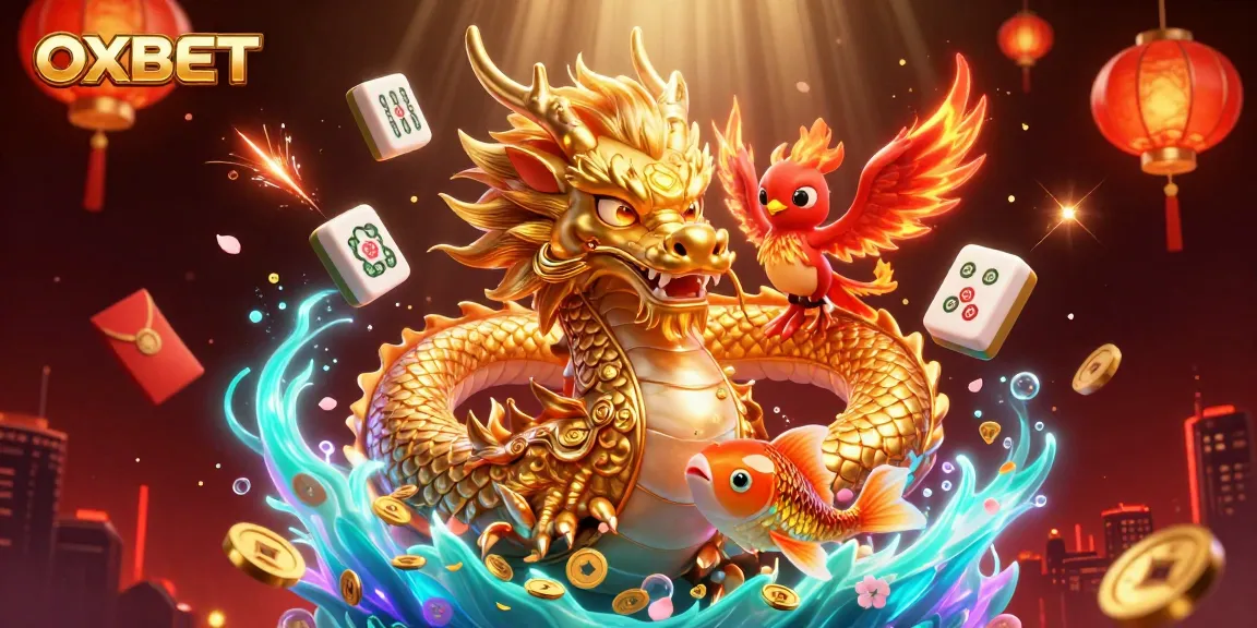 Experience OXBET's vibrant casino scene with a fierce dragon, phoenix, and koi fish amidst festive decor.