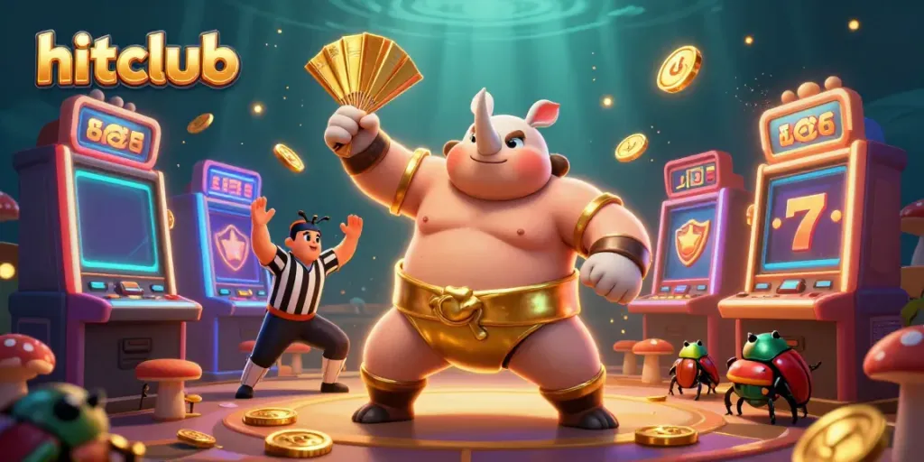 hitclub's vibrant online gaming scene features a beetle champion, golden coins, and colorful slot machines.