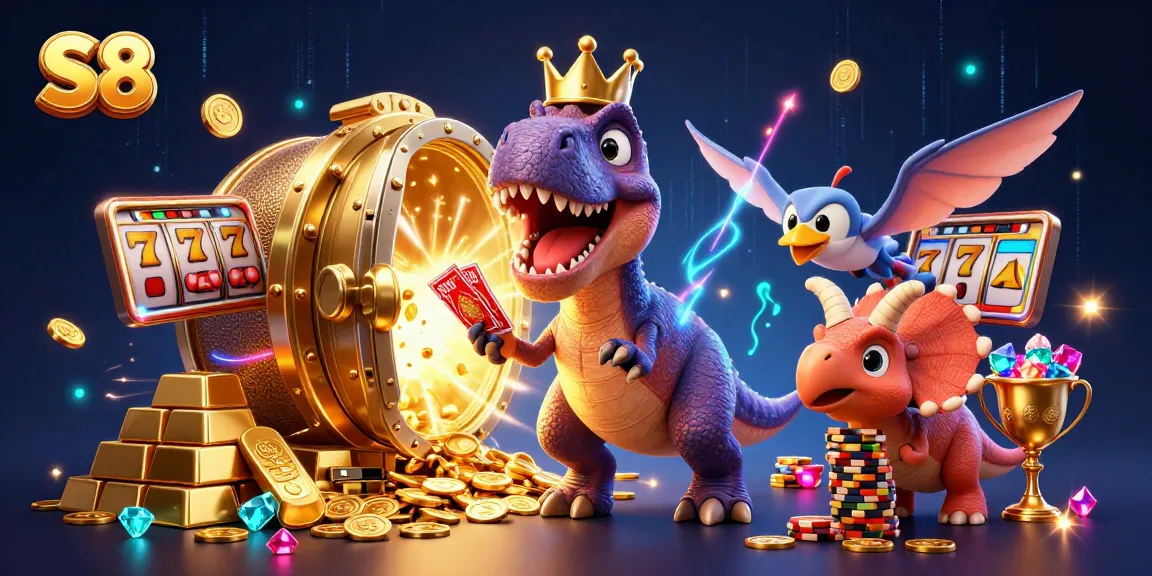 Engage in the S8 slots excitement with a friendly T-Rex shuffling cards in a vibrant casino.