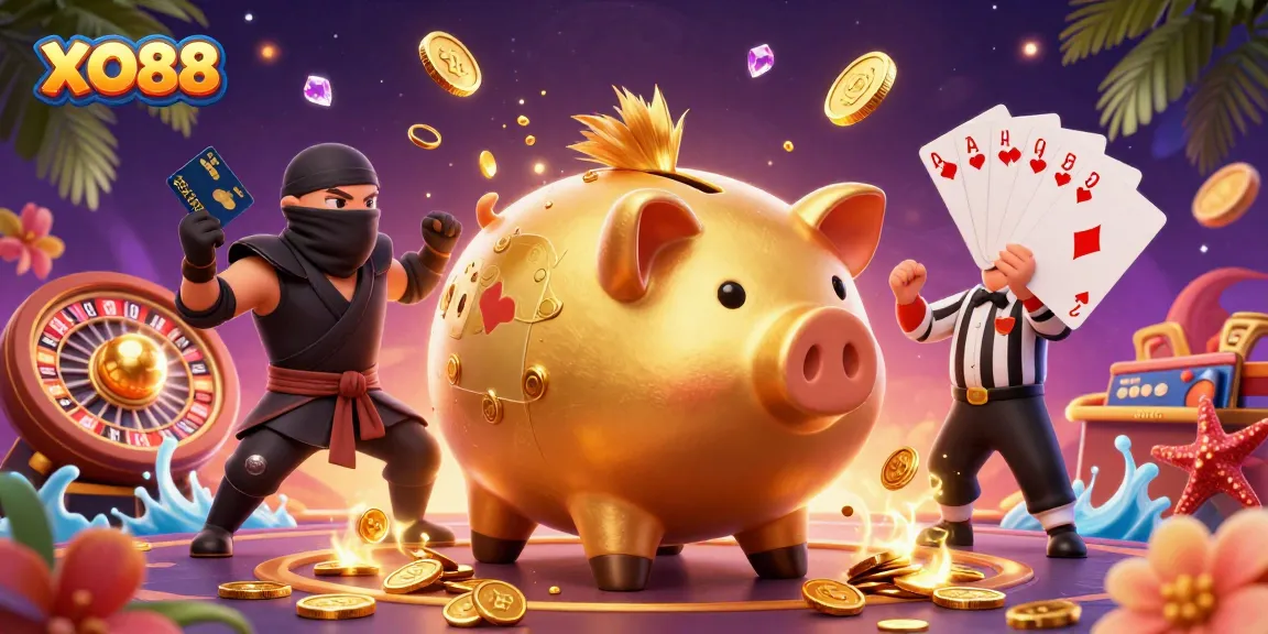 Play exciting games at XO88 with a vibrant illustration showcasing a piggy bank sumo wrestler, wallet-ninja, and credit-card samurai.