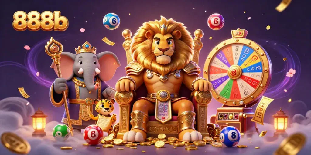 Experience thrilling games at 888b, featuring a majestic lion king amidst rich casino elements.