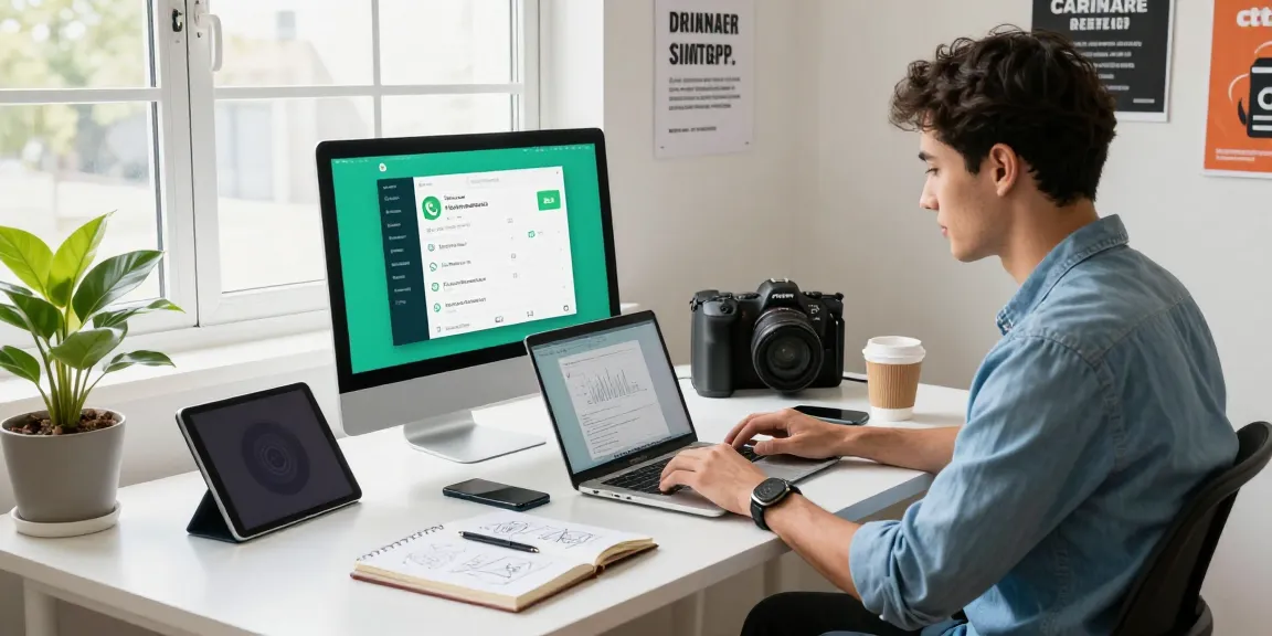 Engaging workspace showing a professional using WhatsApp電腦版 on a laptop with a bright, inspiring atmosphere.