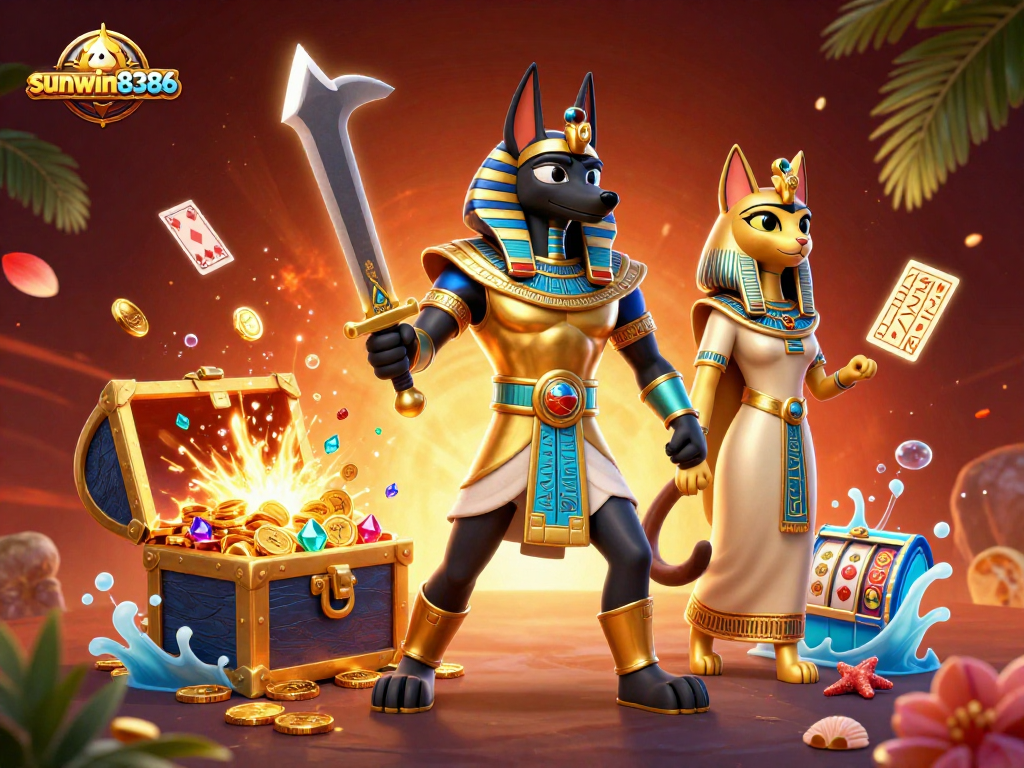 Experience thrilling wins at sunwin8386 with Anubis and Bastet amidst vibrant casino elements.