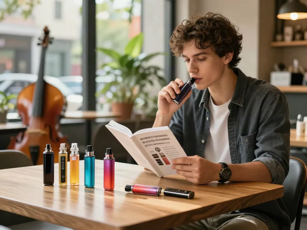 Vaping enthusiast explores what replaced disposable vapes with a rechargeable kit and e-liquids in a stylish café setting.