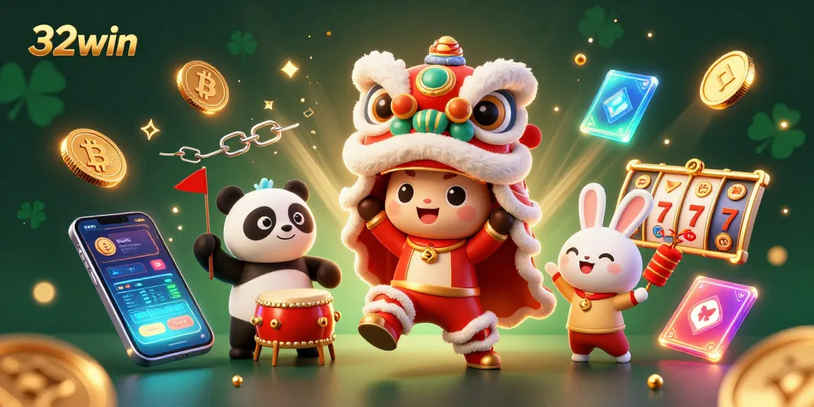 Engage in thrilling gameplay at 32win with a lion dance celebration amidst crypto elements.