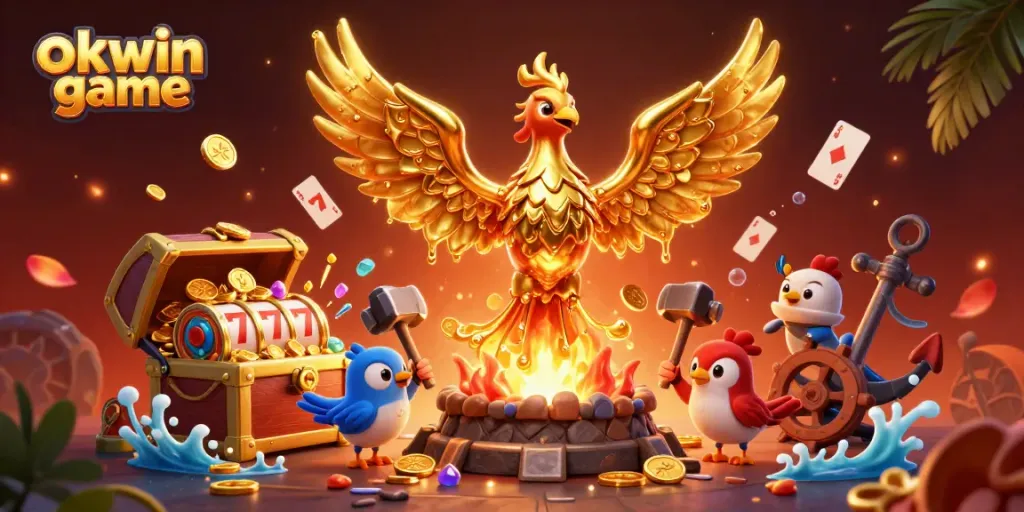 Experience the thrilling atmosphere of the okwin game with a molten phoenix and gold treasures.