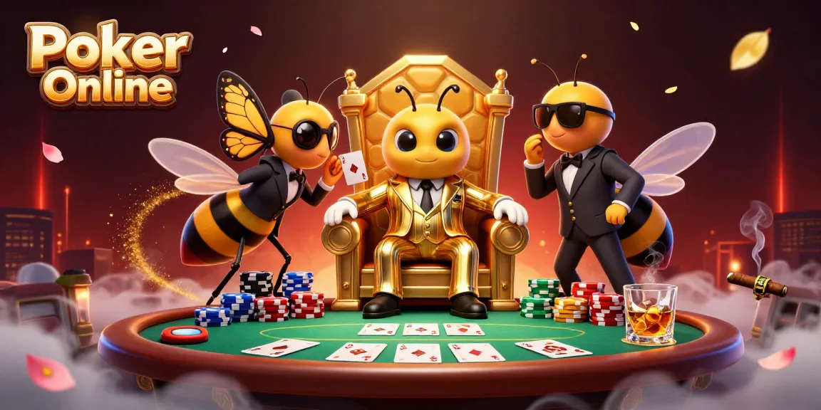 Experience Poker Online with a dynamic scene featuring a bumblebee mob boss and vibrant poker elements.