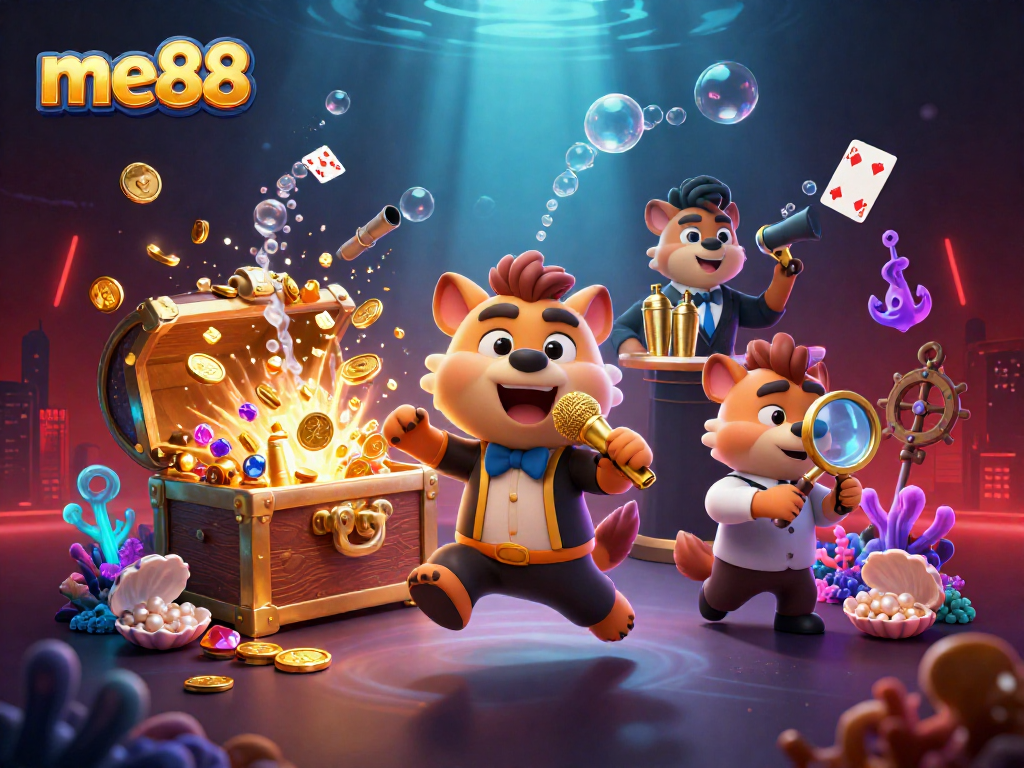 Experience the me88 casino magic with cartoon hyenas betting, surrounded by vibrant game elements.
