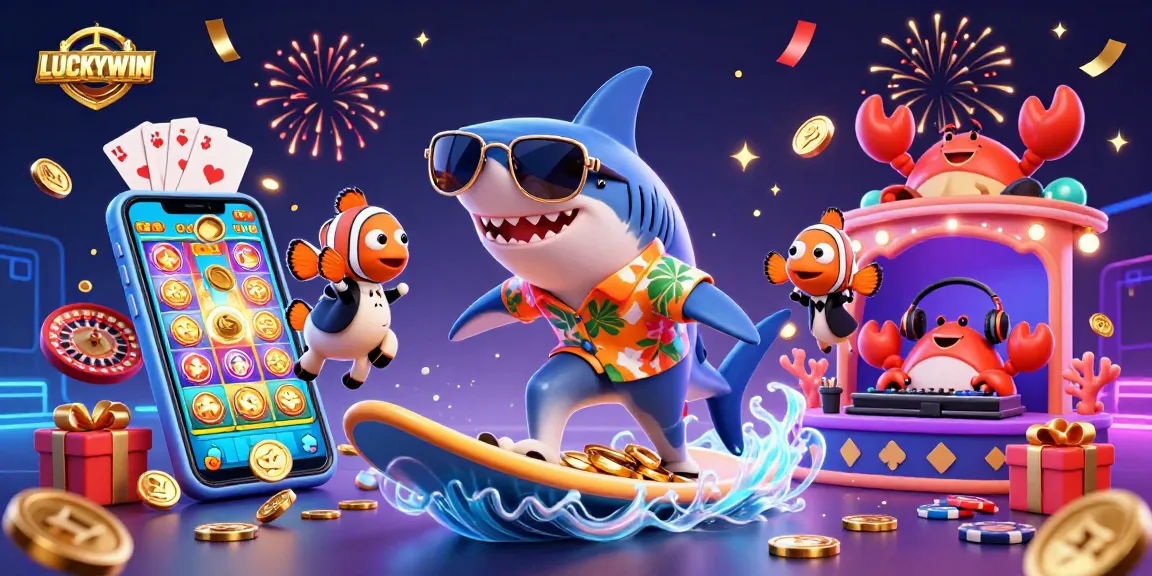 LUCKYWIN showcases an exciting casino scene with vibrant characters celebrating amidst festive golden coins.