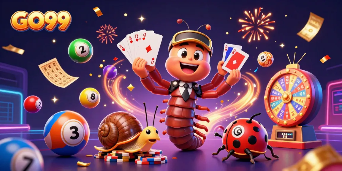 Engage in thrilling gaming at GO99 with a lively millipede dealer, snail high-roller, and colorful game elements.