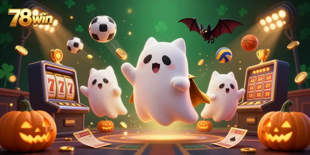 Engage with fast-paced 78win gaming alongside a friendly ghost cat and vibrant casino elements.