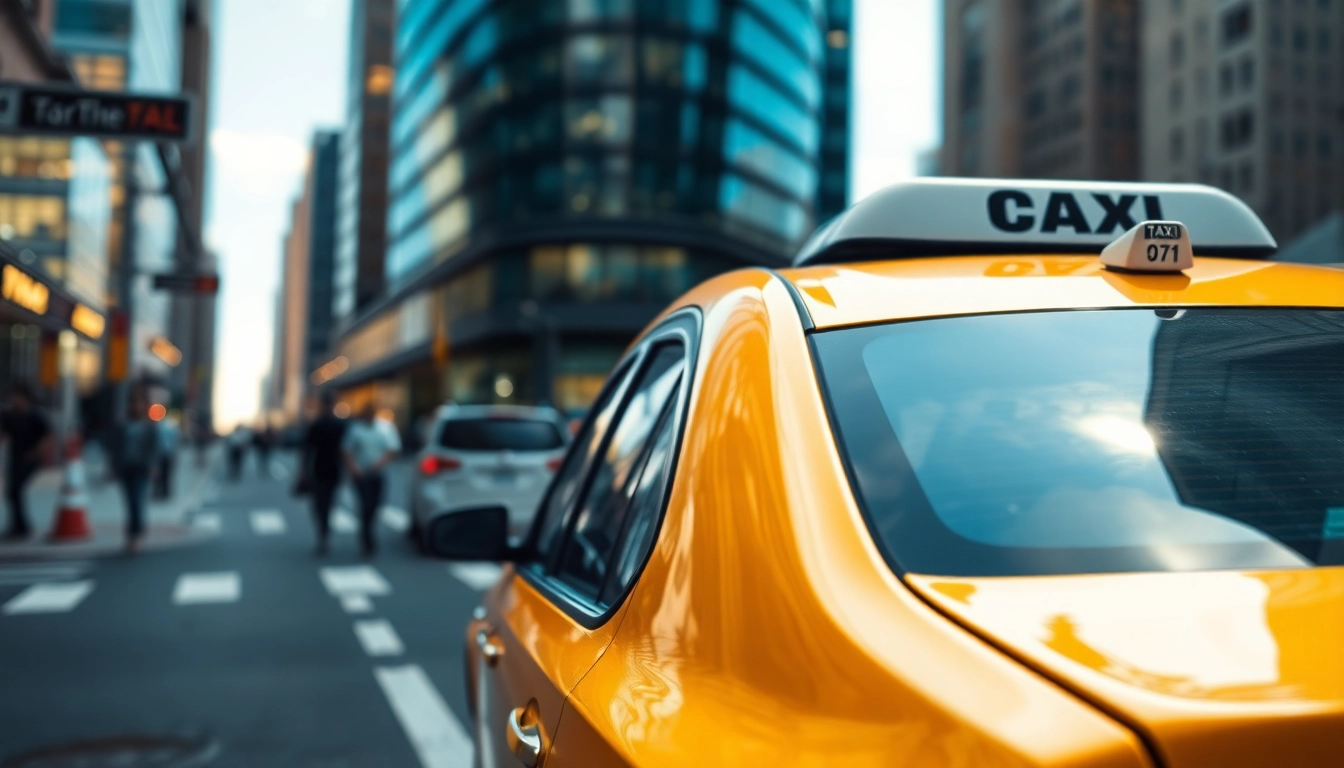 Taxis navigating a vibrant city street, illustrating urban mobility and transportation efficiency.