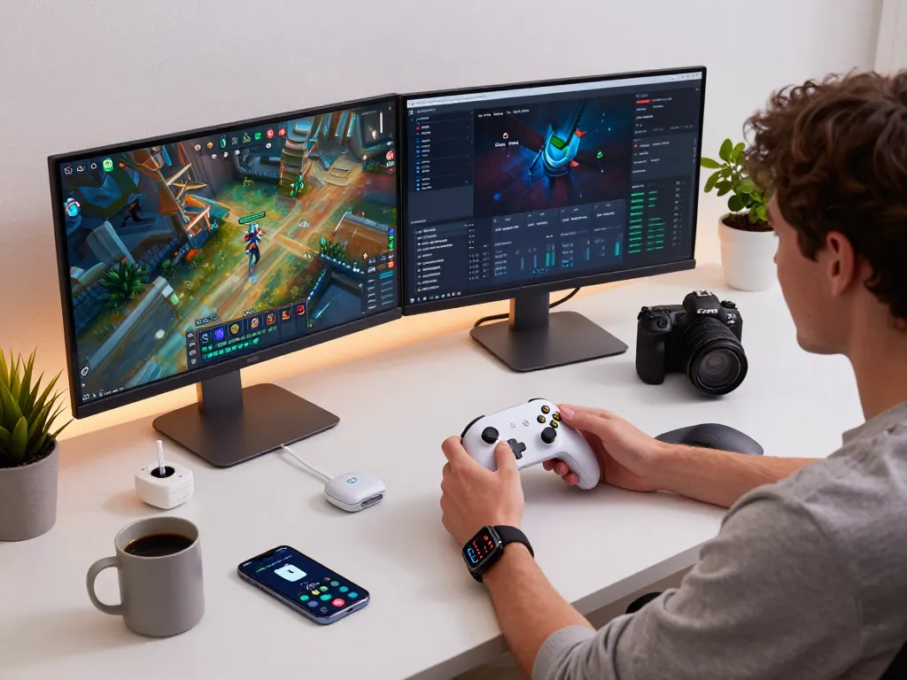 Testing unique tech gadgets in a modern workspace with gaming controller, smartwatch, and Bluetooth device.