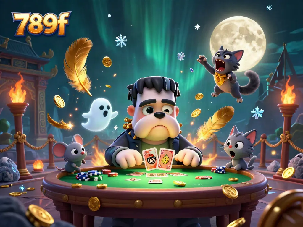 Experience thrilling gaming at 789f with a unique casino scene featuring a Frankenstein bulldog dealer.