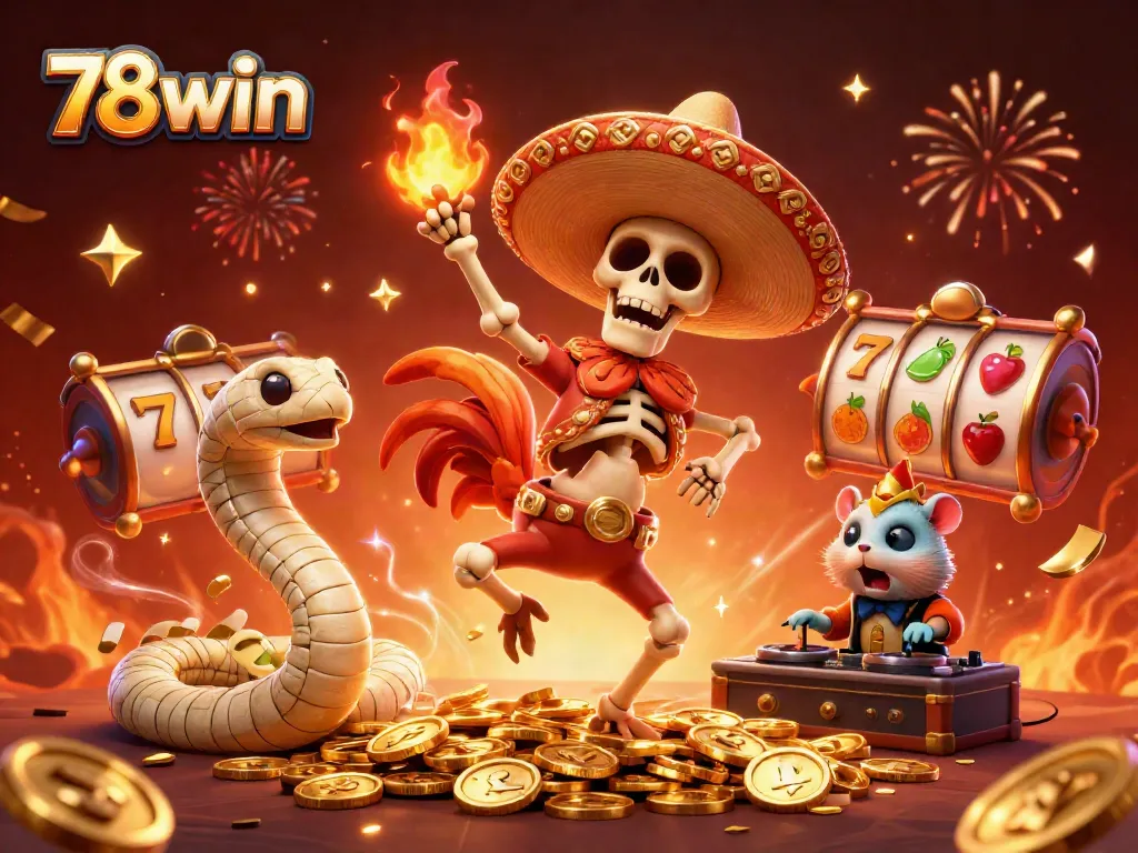 Experience big wins at 78win with a festive scene featuring a dancing mariachi rooster and slot games.
