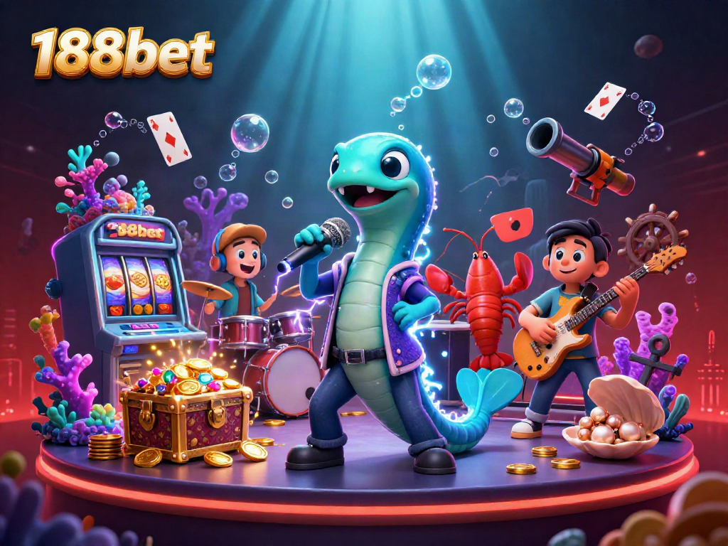 Vibrant underwater casino scene with electric eel and band representing 188bet's thrilling payouts.